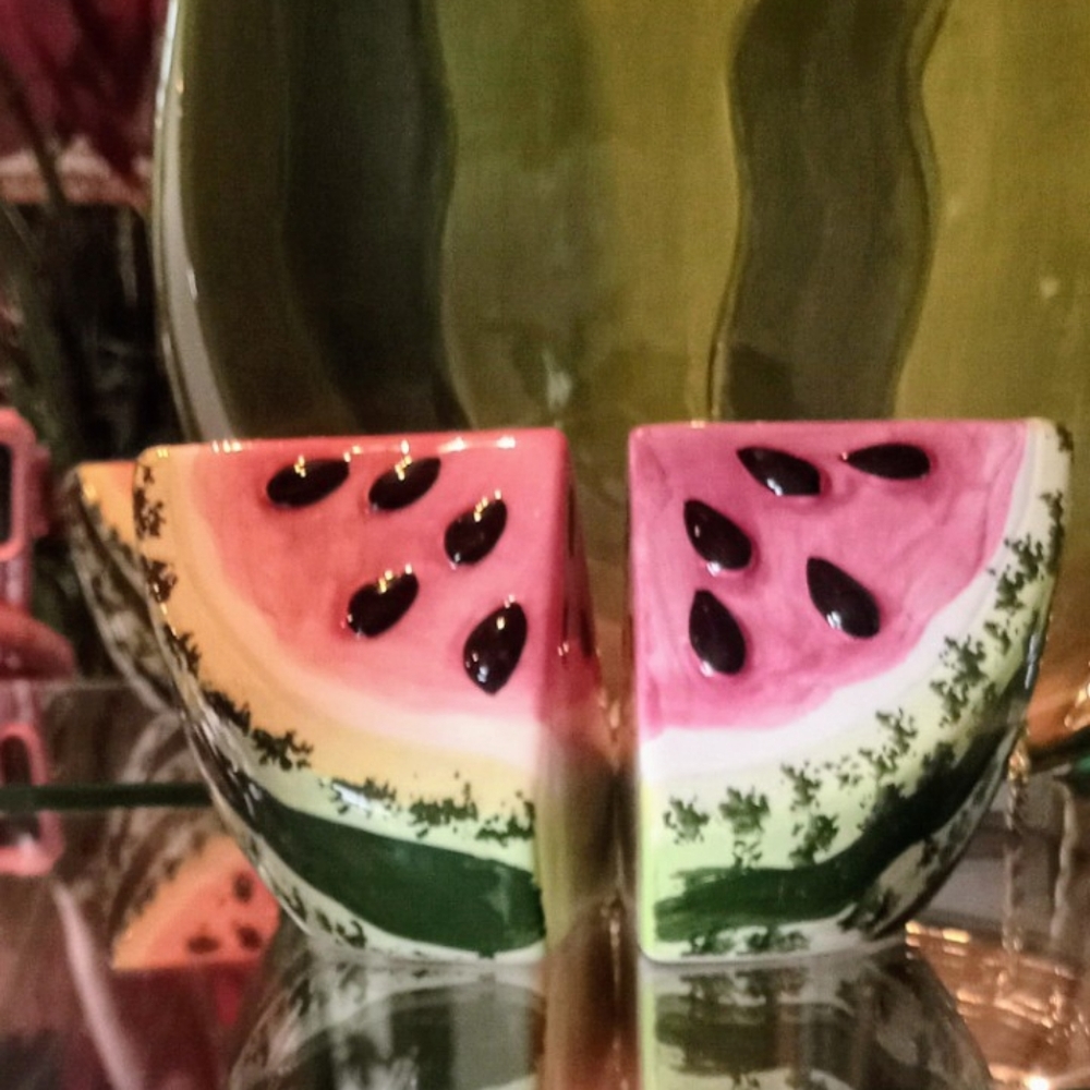 2.25" Watermelon Slice Salt & Pepper Shakers Vintage 1970's Hand Painted Ceramic